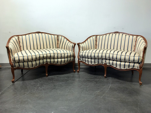 SOLD OUT - Vintage French Style Carved Wooden Frame Upholstered Settees - Pair