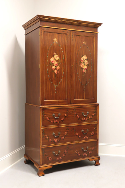 SOLD - Antique Walnut Chippendale Hand Decorated Armoire / Linen Press