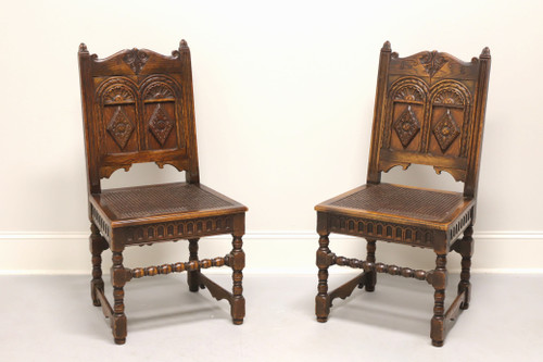 SOLD - Gothic Revival Carved Oak Accent Chairs with Cane Seats - Pair