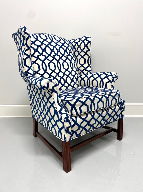 SOLD - Vintage Mahogany Frame Chippendale Style Wing Back Chair in Blue & White