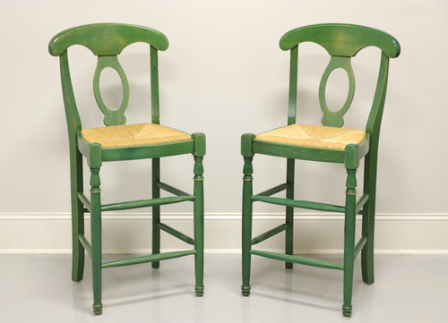 SOLD - Distressed Green Painted Barstools with Rush Seats - Pair