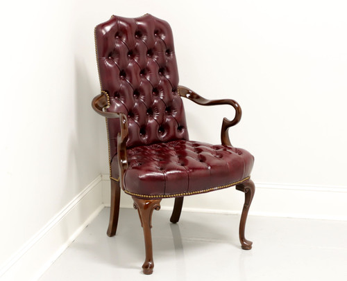 SOLD - HANCOCK & MOORE Queen Anne Style Tufted Burgundy Leather Armchair w/ Nailhead Trim