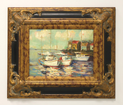 SOLD - Mid 20th Century Oil on Canvas Painting - Boats in Harbor - Signed Parker