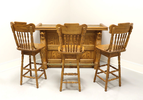 SOLD - Mid 20th Century Solid Oak Bar with Paw Feet and 3 Barstools