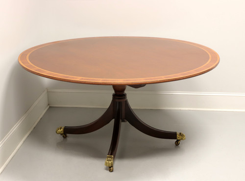 SOLD - 20th Century Edwardian Style 60" Round Banded Mahogany Single Pedestal Tilt-Top Dining Table