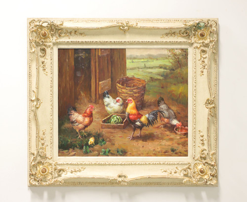 SOLD - 20th Century Original Oil Painting on Canvas - Chicken Scene - Signed