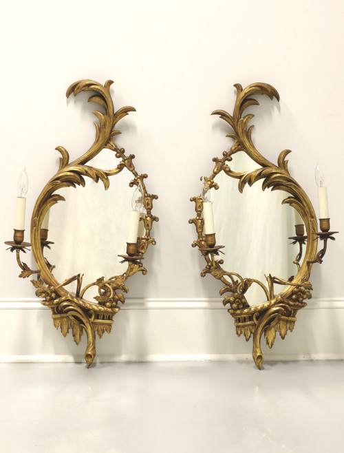 SOLD - Antique Early 20th Century Carved Wood Electrified Candle Mirror Wall Sconces - Pair A