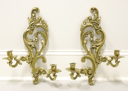 Antique 1920's Solid Brass Rococo Style Candle Wall Sconces - Pair