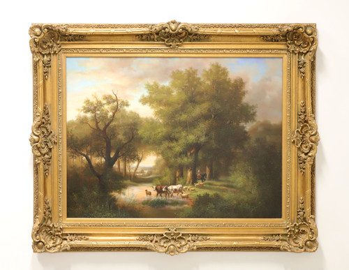 SOLD - 20th Century Extra Large Oil Painting on Canvas- Cows, Sheep & Lady on Horseback