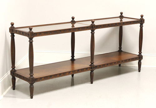 SOLD - THOMASVILLE 1960's Walnut Neoclassical Caned Glass Top Two-Tier Console Sofa Table