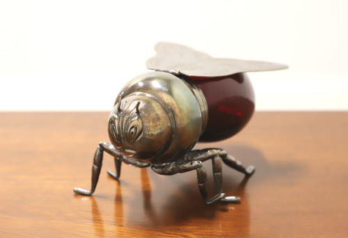 SOLD - TEGHINI FIRENZE Italian Silver Plate & Ruby Glass Honey Bee Pot