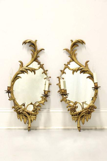 SOLD - Antique Early 20th Century Carved Wood Electrified Candle Mirror Wall Sconces - Pair B