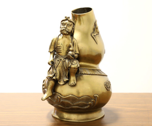 SOLD - Mid 20th Century Chinese Solid Brass Pitcher Vase with Male Figure
