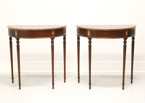 SOLD - Late 20th Century Mahogany Yew Banded Sheraton Style Demilune Console Tables - Pair