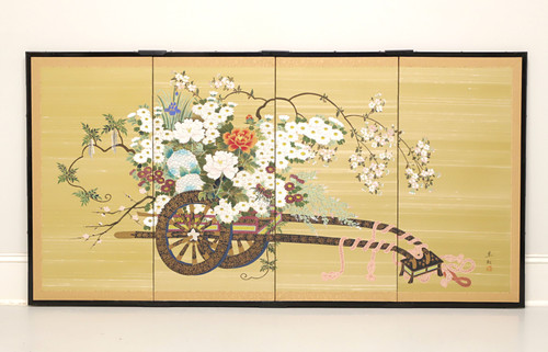 SOLD - Mid 20th Century Japanese Four-Panel Folding Screen - Flower Cart