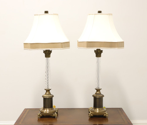 SOLD - CHELSEA HOUSE Brass & Glass Traditional Table Lamps with Duckhead Feet - Pair