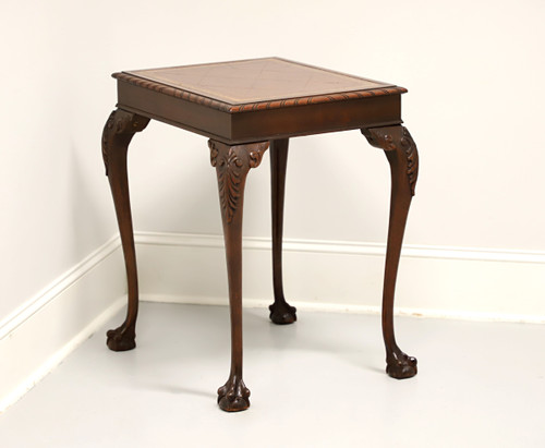 SUPERIOR TABLE Mahogany Chippendale Leather Top Ball in Claw End Side Table - A