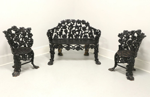 SOLD - Antique Victorian Cast Iron Grape Leaf Garden Settee & Chairs - 3 Piece Set