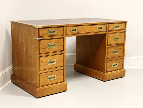 SOLD - NATIONAL MT. AIRY Oak Campaign Style Kneehole Desk with Leather Writing Surface