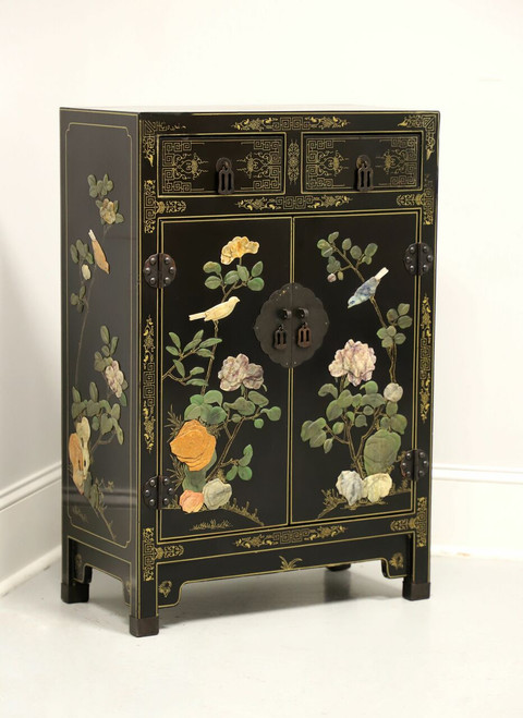 SOLD - JINLONG Mid 20th Century Chinese Black Lacquer and Soapstone Console Cabinet
