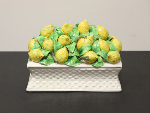 SOLD  - Italian Porcelain Lemons in Basket Lidded Centerpiece Dish