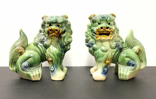 SOLD - Mid 20th Century Hand Painted Ceramic Foo Dogs - Pair