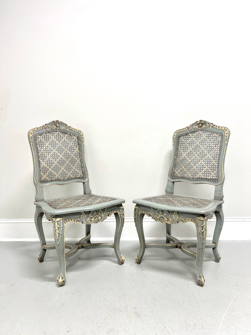 SOLD - 20th Century Painted Distressed Pale Blue & Ivory French Country Louis XV Caned Side Chairs - Pair