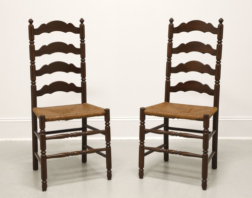 Mid 20th Century Mahogany Finish Rush Seat Ladder Back Dining Side Chairs - Pair