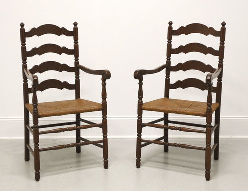 SOLD - Mid 20th Century Mahogany Finish Rush Seat Ladder Back Dining Armchairs - Pair
