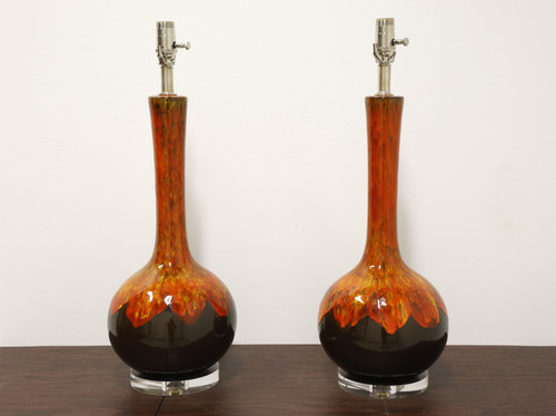 SOLD - Extra Large Mid Century Red Drip-Glaze Ceramic Lamps - Refurbished - Pair