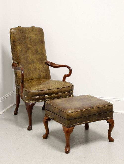 SOLD - LEATHERCRAFT Mahogany & Green Leather Queen Anne Armchair with Ottoman