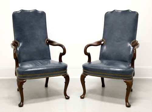 SOLD - HICKORY CHAIR Mahogany & Blue Leather Queen Anne Accent Armchairs - Pair