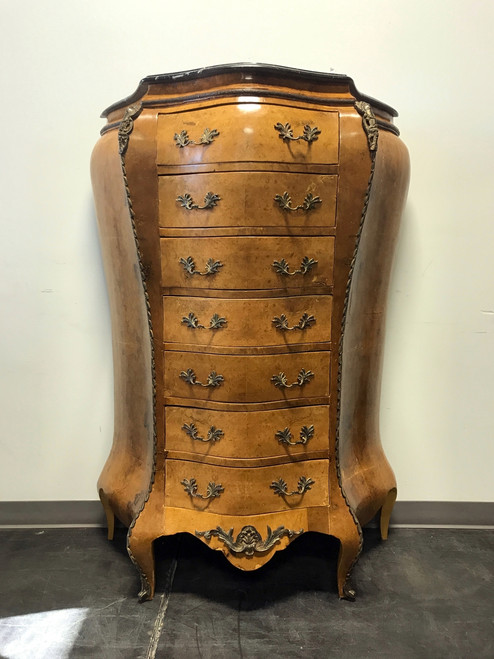 SOLD OUT - Monumental French Louis XV Style Marble Top Bombe Burl Walnut Semainier Tall Chest w/ Ormolu