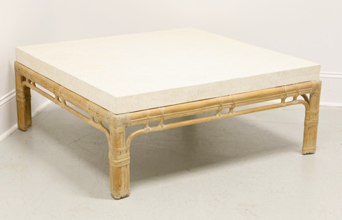 Late 20th Century Whitewashed Oak & Rattan Faux Marble Top Coastal Square Coffee Table Late 20th Century Whitewashed Oak & Rattan Faux Marble Top Coastal Square Coffee Table