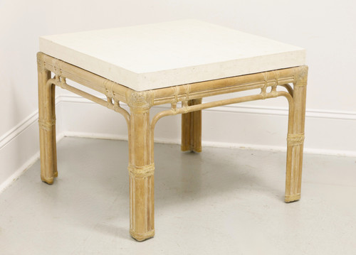Late 20th Century Whitewashed Oak & Rattan Faux Marble Top Coastal Square End Side Table Late 20th Century Whitewashed Oak & Rattan Faux Marble Top Coastal Square End Side Table