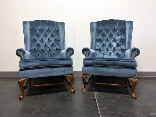 SOLD OUT - Vintage Blue Tufted Queen Anne Style Wing Back Chairs with Nailhead Trim - Pair