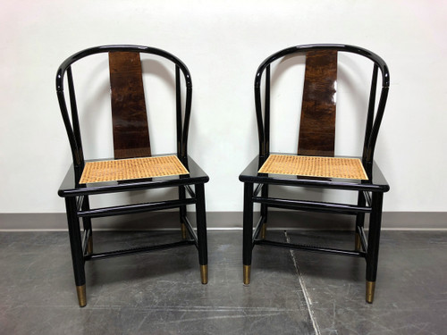 SOLD OUT - HENREDON Asian Chinoiserie Black Lacquer Cane Seat Dining Chairs - Pair