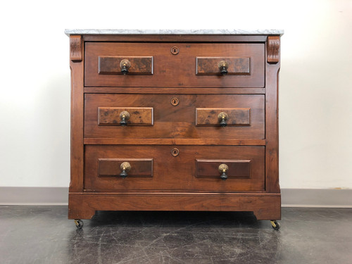 SOLD OUT - Victorian Burl Walnut Three Drawer Bachelor Chest with Marble Top