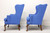 SOLD - Vintage Queen Anne Style True Blue Wing Back Chairs - Pair