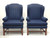 Vintage Mahogany Frame Chippendale Style Wing Back Chairs in Navy - Pair