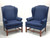 Vintage Mahogany Frame Chippendale Style Wing Back Chairs in Navy - Pair