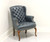 SOLD - Mid 20th Century Vintage Tufted Blue Leather Queen Anne Wing Chair