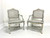 SOLD - 20th Century Painted Distressed Pale Blue & Ivory French Country Louis XV Caned Armchairs - Pair