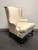 SOLD - Queen Anne Style Wing Back Chair w Ottoman, Neutral + Fringe