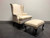 SOLD - Queen Anne Style Wing Back Chair w Ottoman, Neutral + Fringe