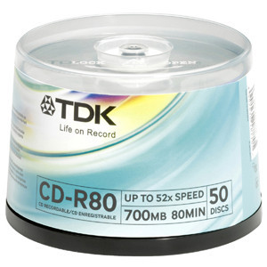 Part No: CD-R80CB50T - TDK 24x CD-R Media - 700MB - 50 Pack