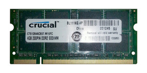 Part No: CT51264AC667 - Crucial 4GB PC2-5300 DDR2-667MHz non-ECC Unbuffered CL5 200-Pin SoDimm Memory Module