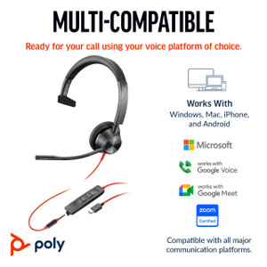 HP Poly Blackwire 3315 Monaural Microsoft Teams Certified USB-C Headset +3.5mm Plug +USB-C/A Adapter - 8X218AA