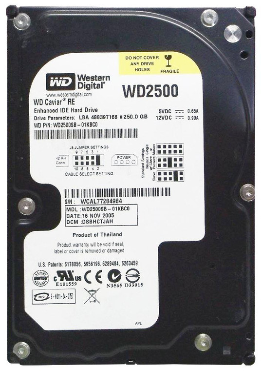 Part No: WD2500SB - Western Digital Caviar Re 250GB 7200RPM EIDE 8MB Cache 3.5-inch Hard Drive