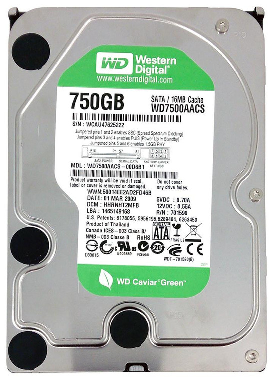 Part No: WD7500AACS-00D6B1 - Western Digital Caviar Green 750GB 7200RPM SATA 3Gbps 16MB Cache 3.5-inch Internal Hard Drive (Refurbished)